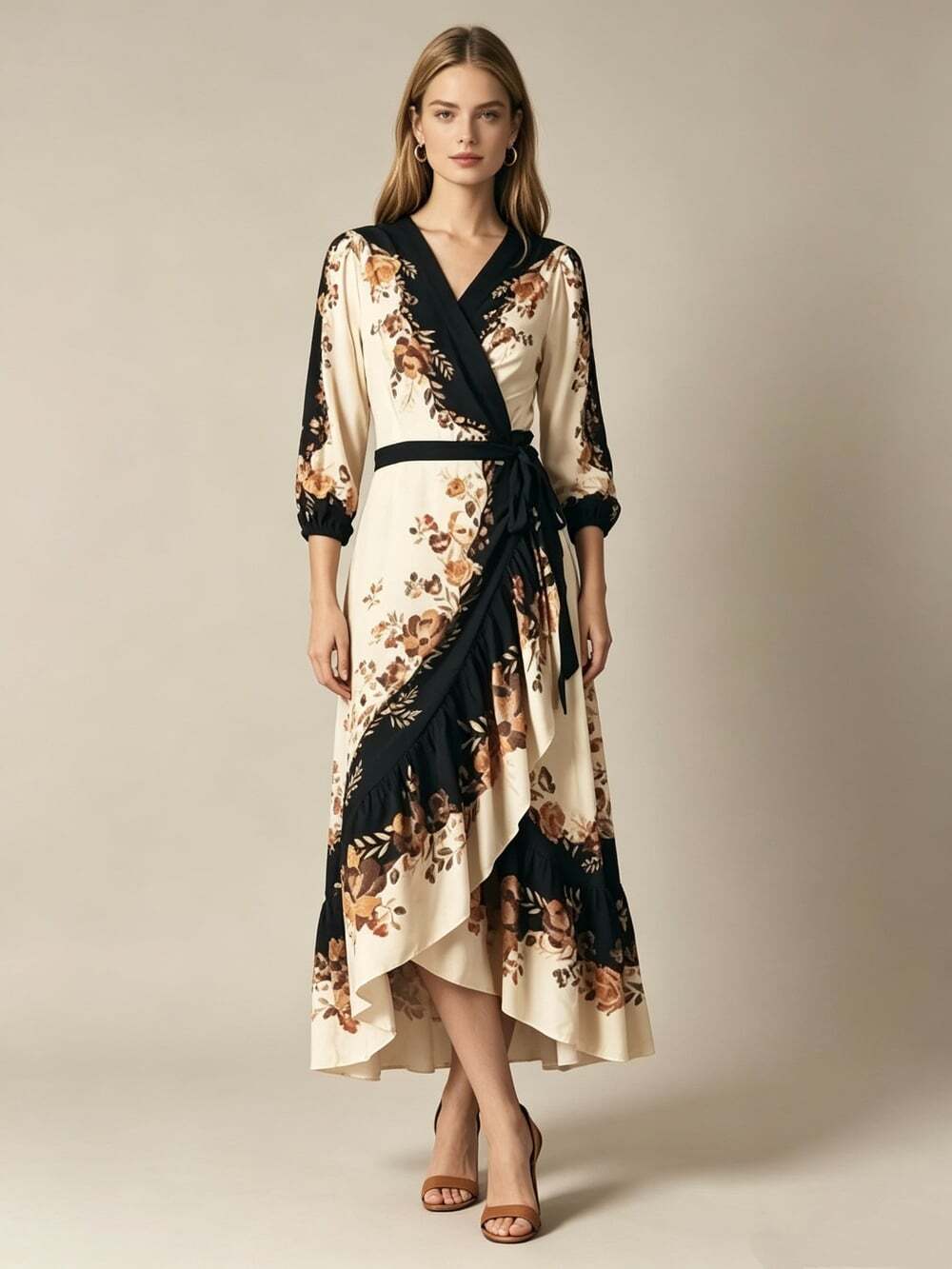 NWOT Farm Rio Floral Wrap Midi Dress 3/4 Sleeve Ruffle Hem Waist Tie Size XS